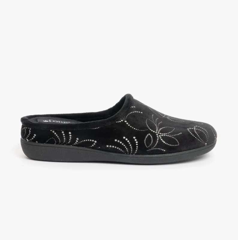 ELIZABETH Ladies Mule Slippers Black sold by House of Slippers