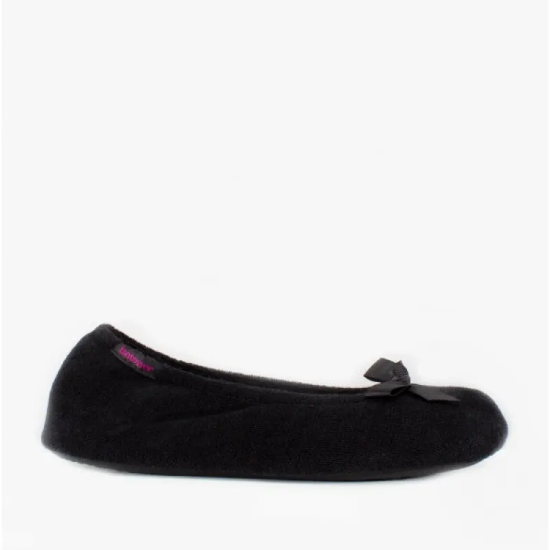 Totes Isotoner STRETCH TERRY BOW Womens Ballerina Slippers Black made by House of Slippers