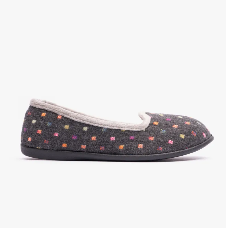 ALBERTINE Womens Ballerina Slippers Charcoal Woven Spot sold by House of Slippers