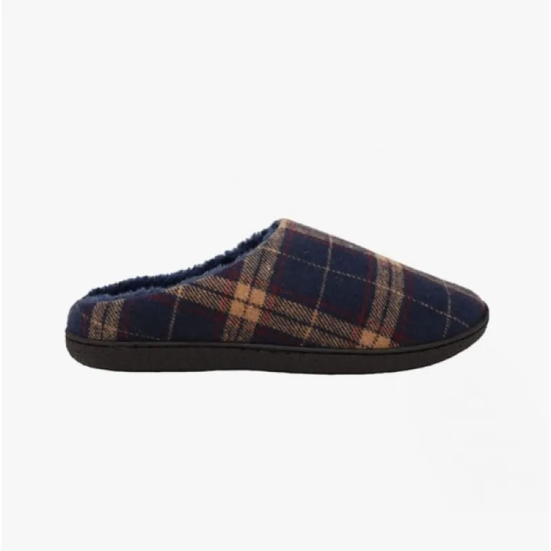 Zedzzz FABIAN Mens Check Textile Mule Slippers Navy sold by House of Slippers
