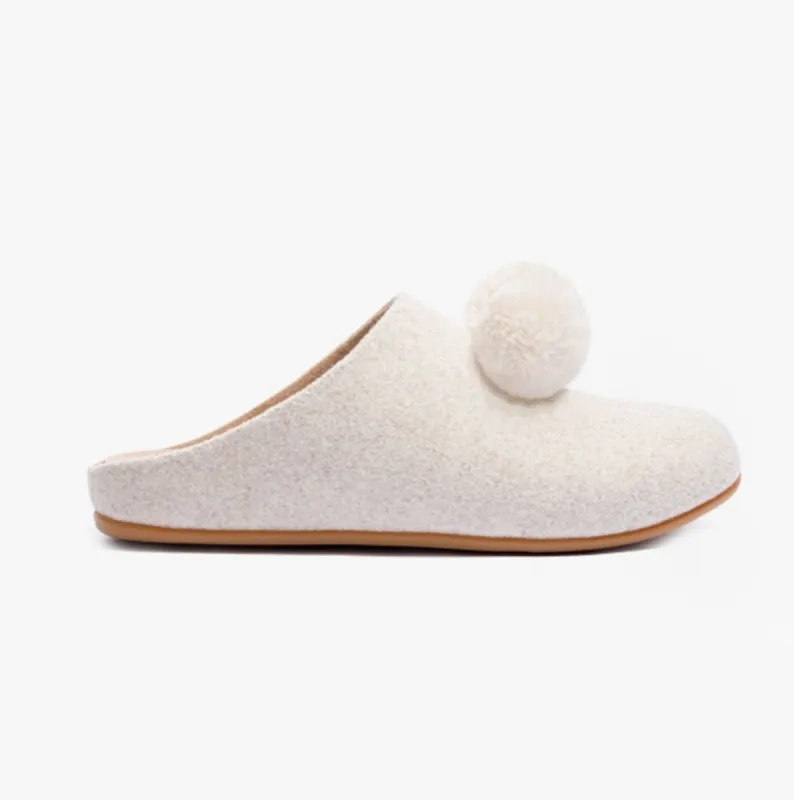 CHRISSIE POM POM Ladies Mule Slippers Ivory made by House of Slippers