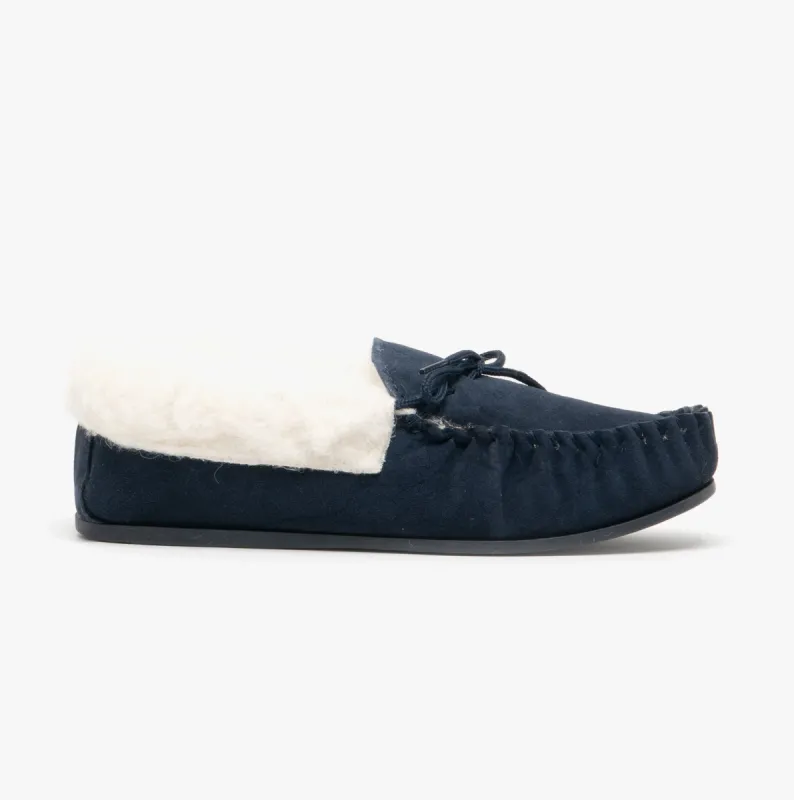 Mokkers EMILY Womens Moccasin Slippers Navy made by House of Slippers