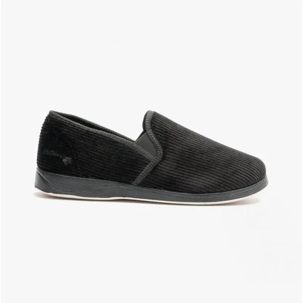 Padders ALBERT Mens (G Fit) Full Slippers Corduroy Black sold by House of Slippers