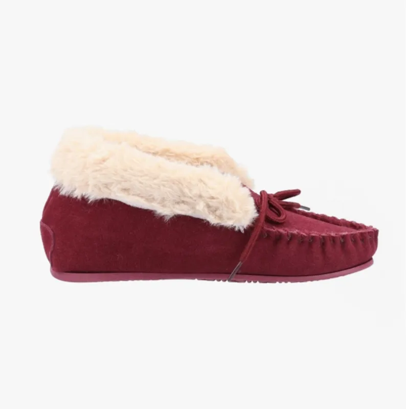 Hush Puppies PHILIPPA Womens Suede Moccasin Slippers Dark Red sold by House of Slippers
