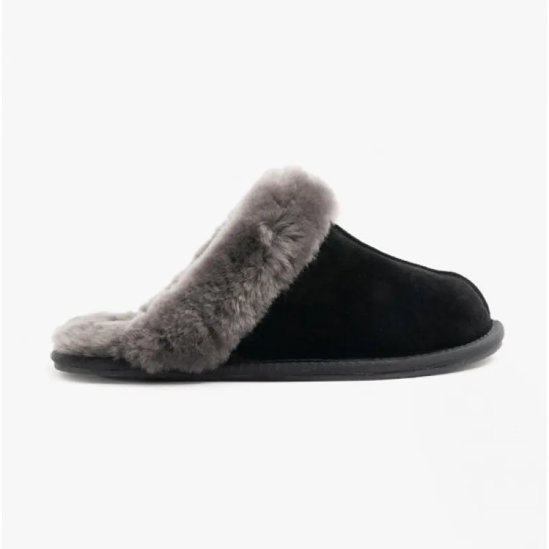 AYLA Ladies Real Sheepskin Mule Slippers Black sold by House of Slippers