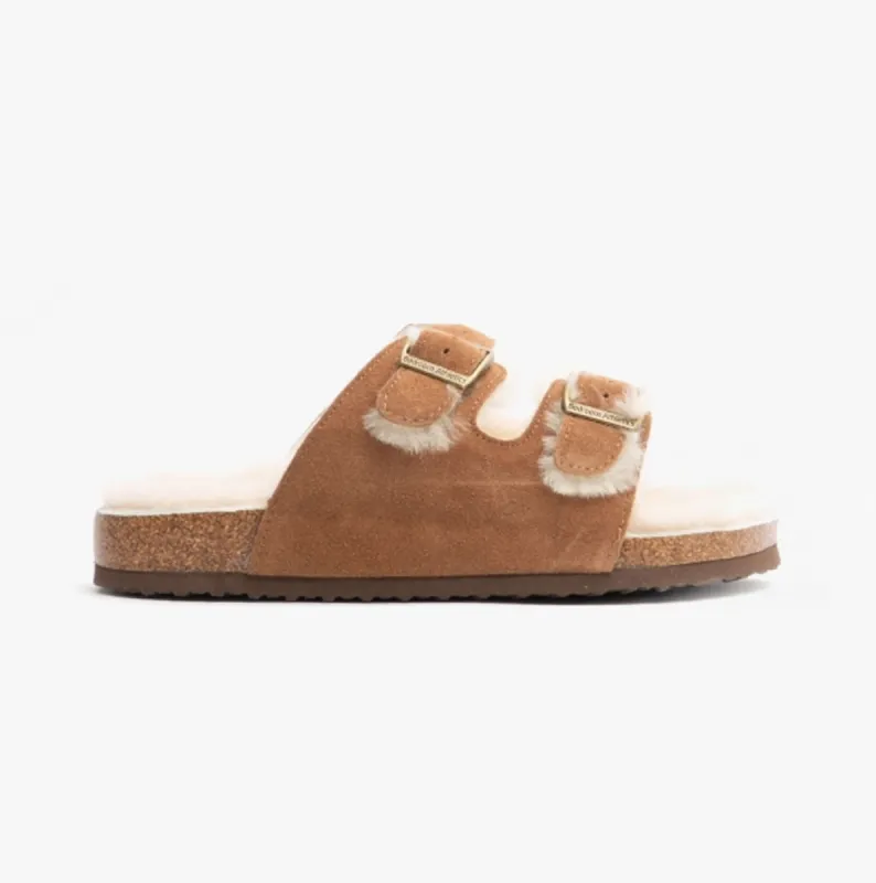 MABEL Ladies Suede Two Strap Slippers Chestnut sold by House of Slippers