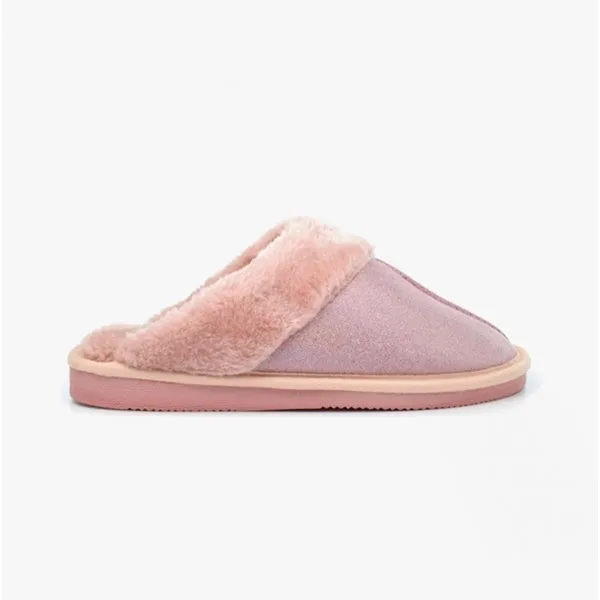 Sleepers JULIET Womens Fur Cuff Sparkle Mules Pink sold by House of Slippers