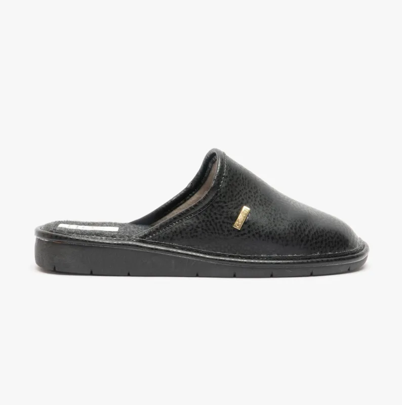 ARCHIE Mens PU Mule Slippers Black sold by House of Slippers