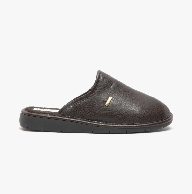 HOS Comfort ARCHIE Mens PU Mule Slippers Brown sold by House of Slippers
