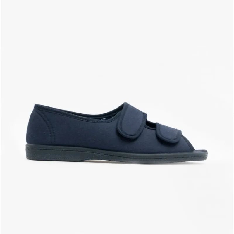 Sleepers TINA Womens Wide Fit EE Twin Velcro Peep Toe Slippers Navy made by Sleepers