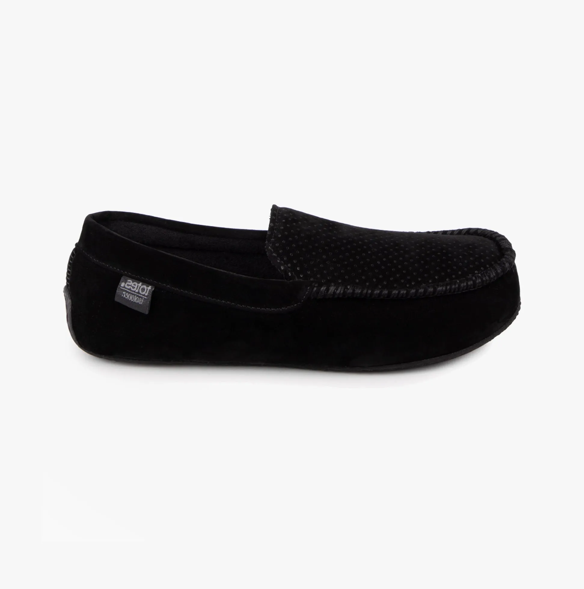 Totes Isotoner PERFORATED SUEDETTE Moccasin Slippers Mens Black sold by House of Slippers
