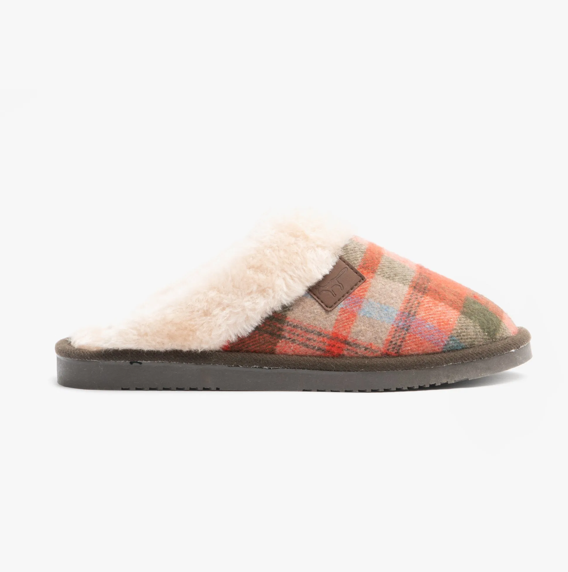 SHETLAND Ladies Mule Slippers Brown Tartan sold by House of Slippers