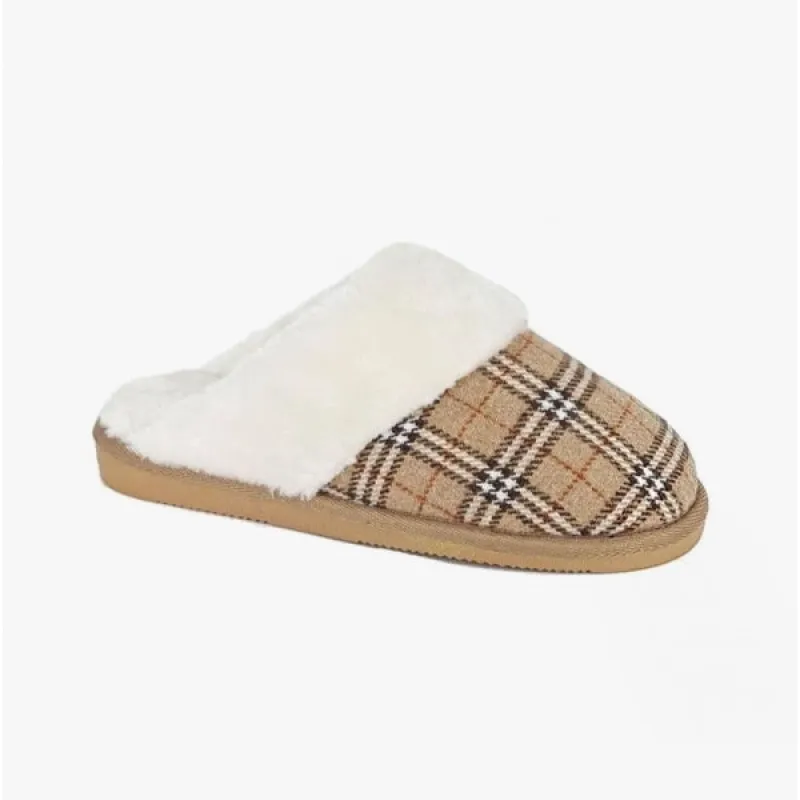 Sleepers LEYLA Womens Fur Cuff Mules Beige Check sold by House of Slippers