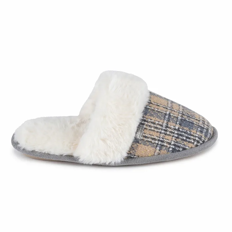 Totes Isotoner BRUSHED CHECK Womens Mule Slippers Grey sold by House of Slippers