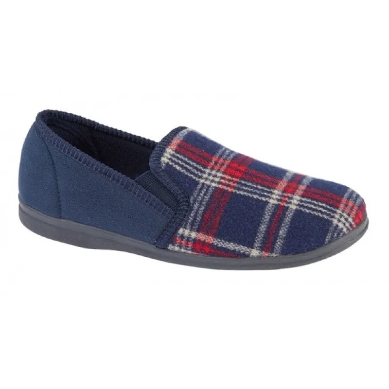 Sleepers JIM Navy Check Velour Twin Gusset Slipper sold by House of Slippers