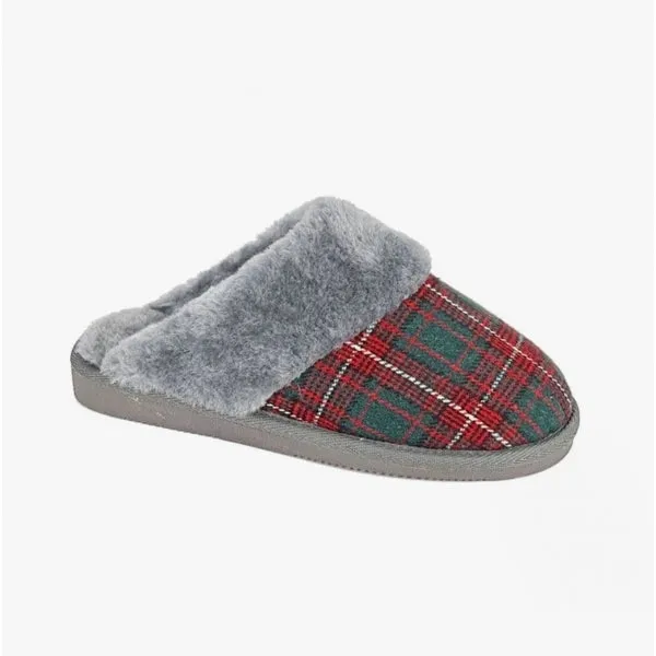 Sleepers LEYLA Womens Fur Cuff Mules Red Check sold by House of Slippers