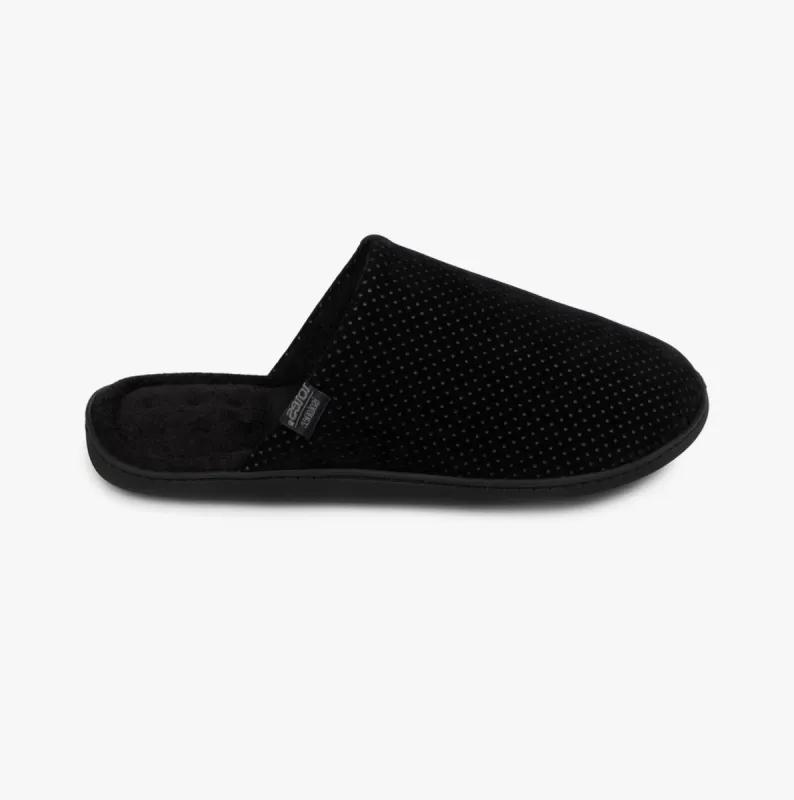 PERFORATED SUEDETTE Mule Slippers Mens Black sold by House of Slippers