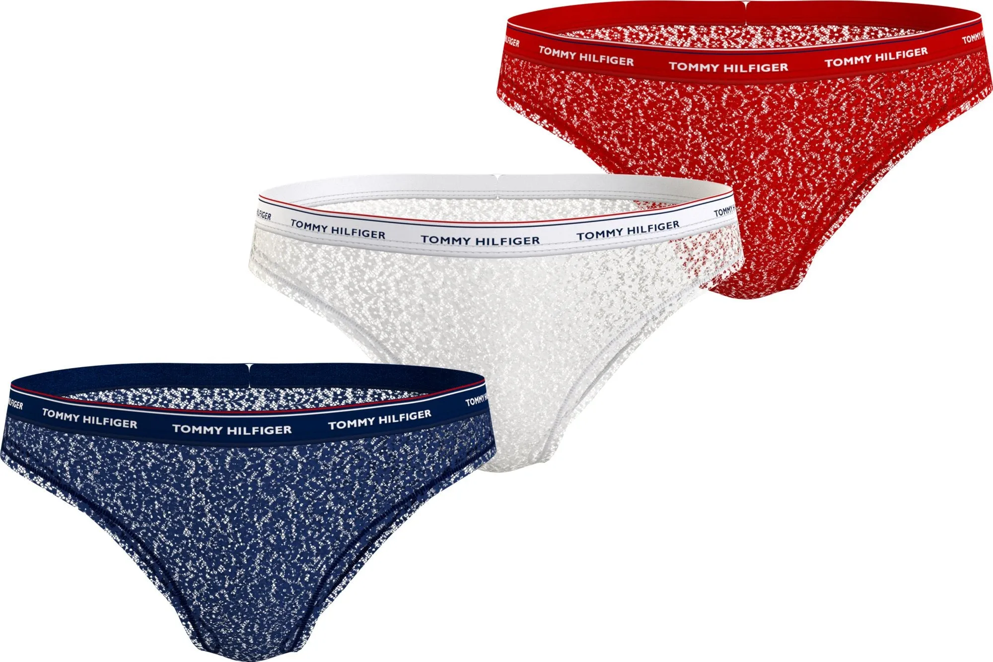 Tommy Hilfiger BIKINI LACE 3 Pack Womens Underwear Desert Sky/White/Primary Red sold by House of Slippers