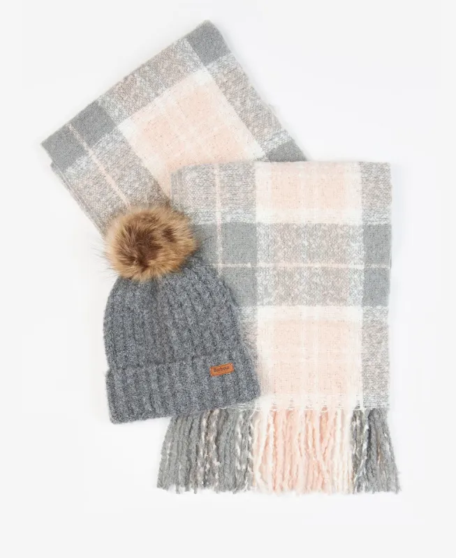 Barbour SALTBURN BEANIE & TARTAN SCARF Womens Gift Set Grey Rose sold by House of Slippers