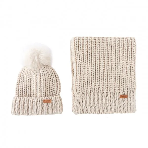 Barbour SALTBURN BEANIE & SCARF Womens Gift Set Pearl sold by House of Slippers