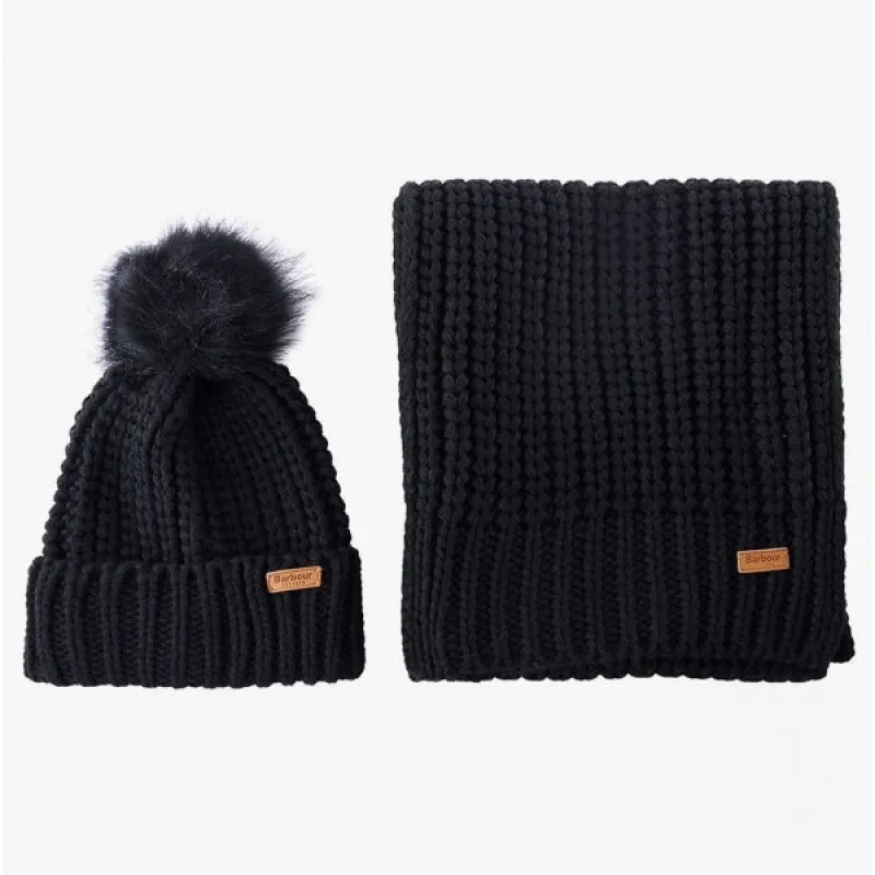 Barbour SALTBURN BEANIE & SCARF Womens Gift Set Black sold by House of Slippers