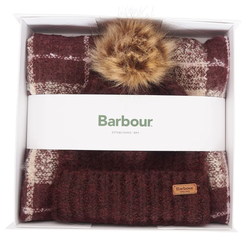 SALTBURN BEANIE AND TARTAN SCARF Gift Set Womens Cabernet sold by House of Slippers
