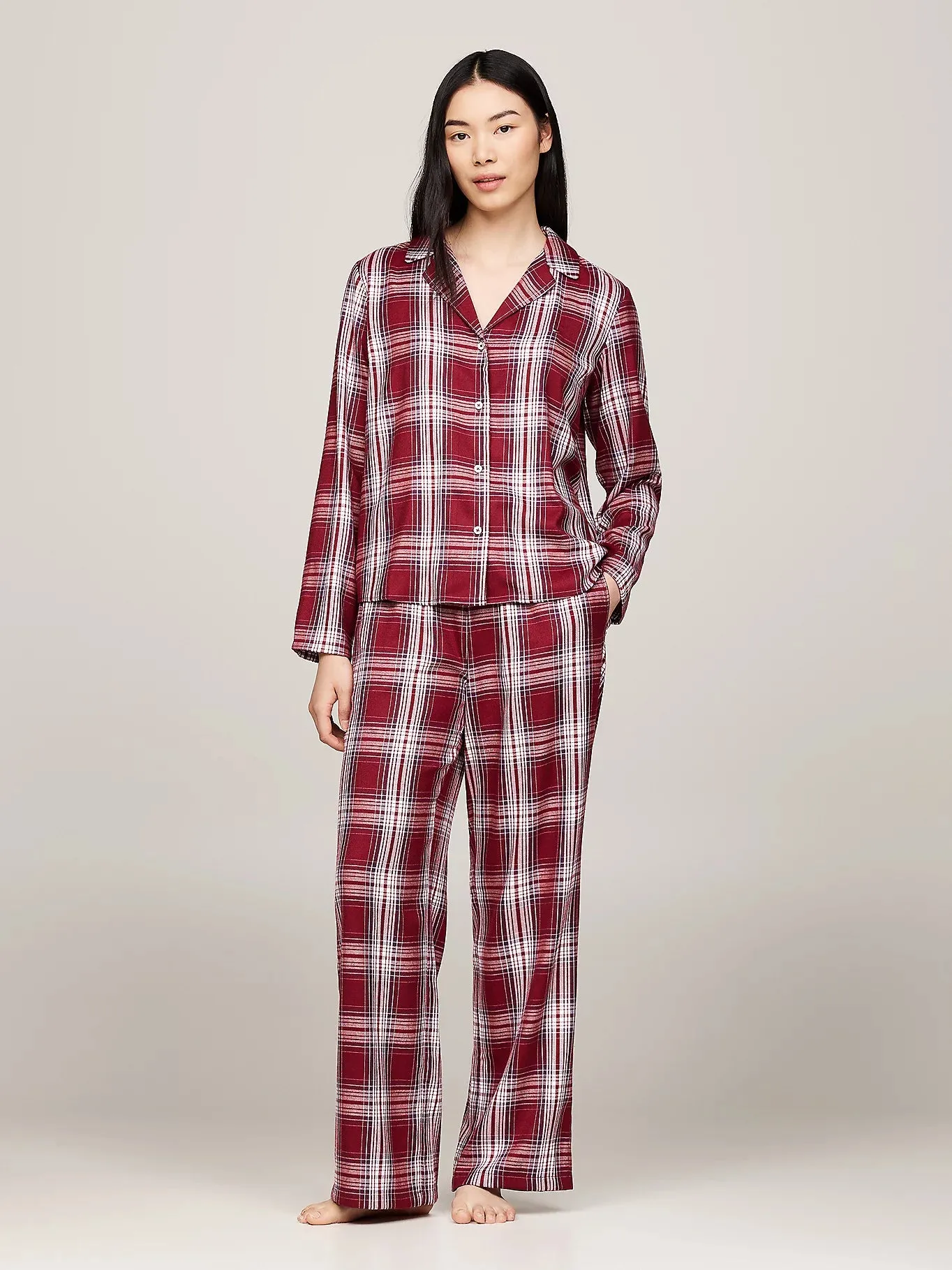 Tommy Hilfiger ORIGINAL Womens Pyjama Set Plaid Check Deep Rouge sold by House of Slippers