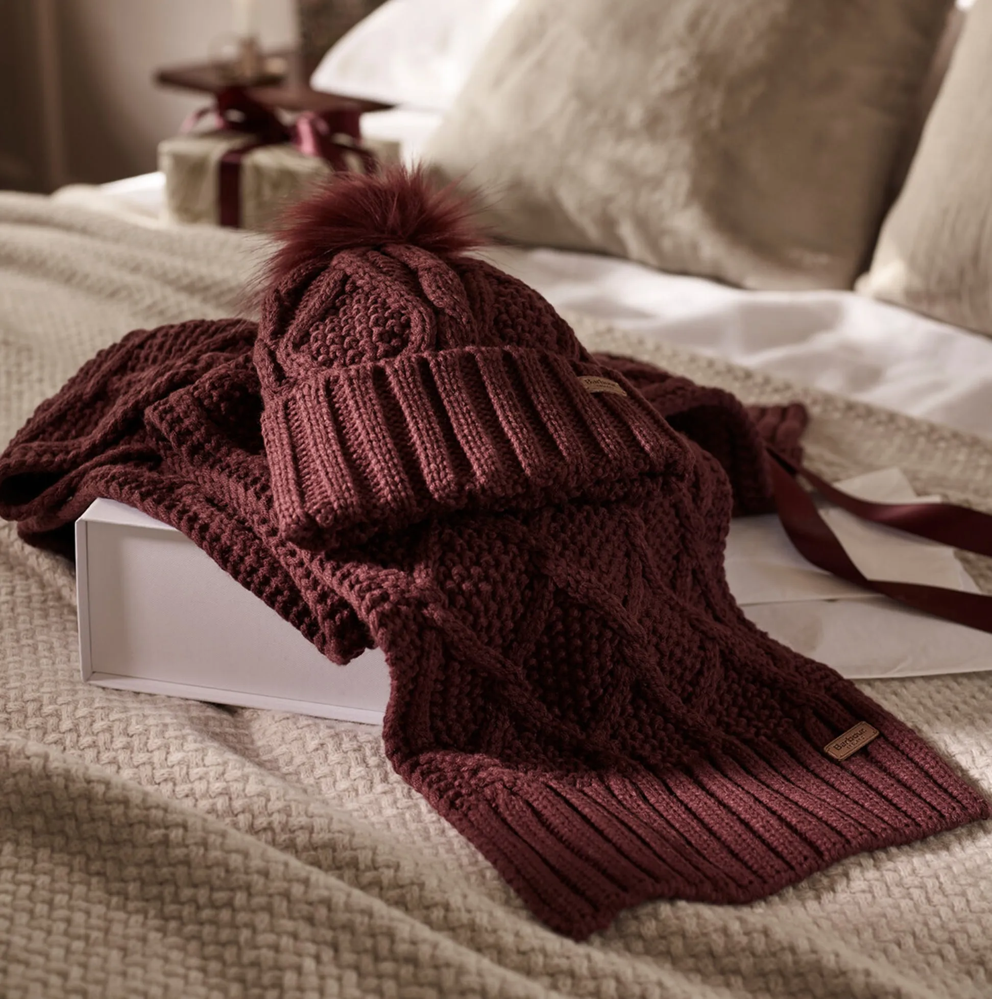 RIDLEY BEANIE & SCARF Gift Set Womens Cabernet sold by House of Slippers