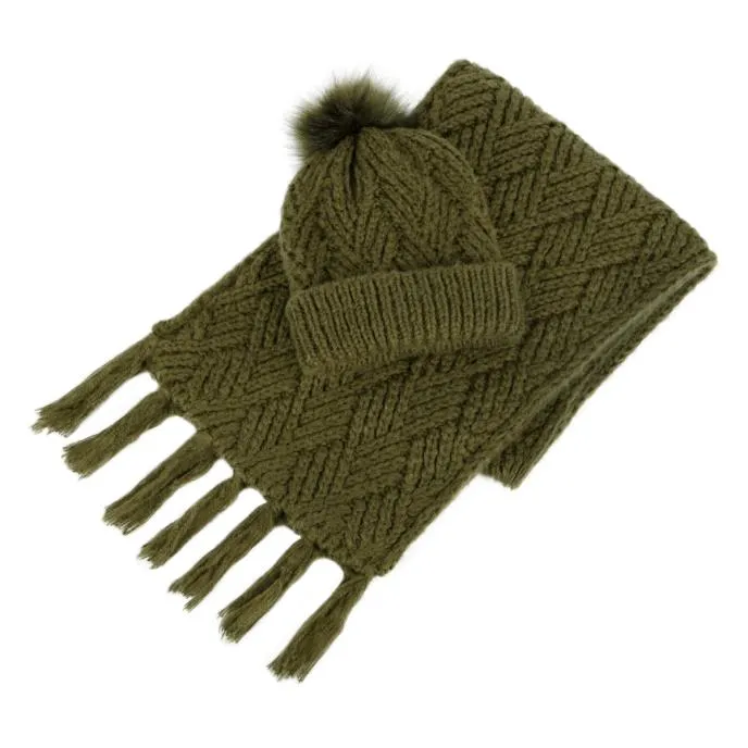 KNITTED Hat & Scarf Set Womens Khaki sold by House of Slippers
