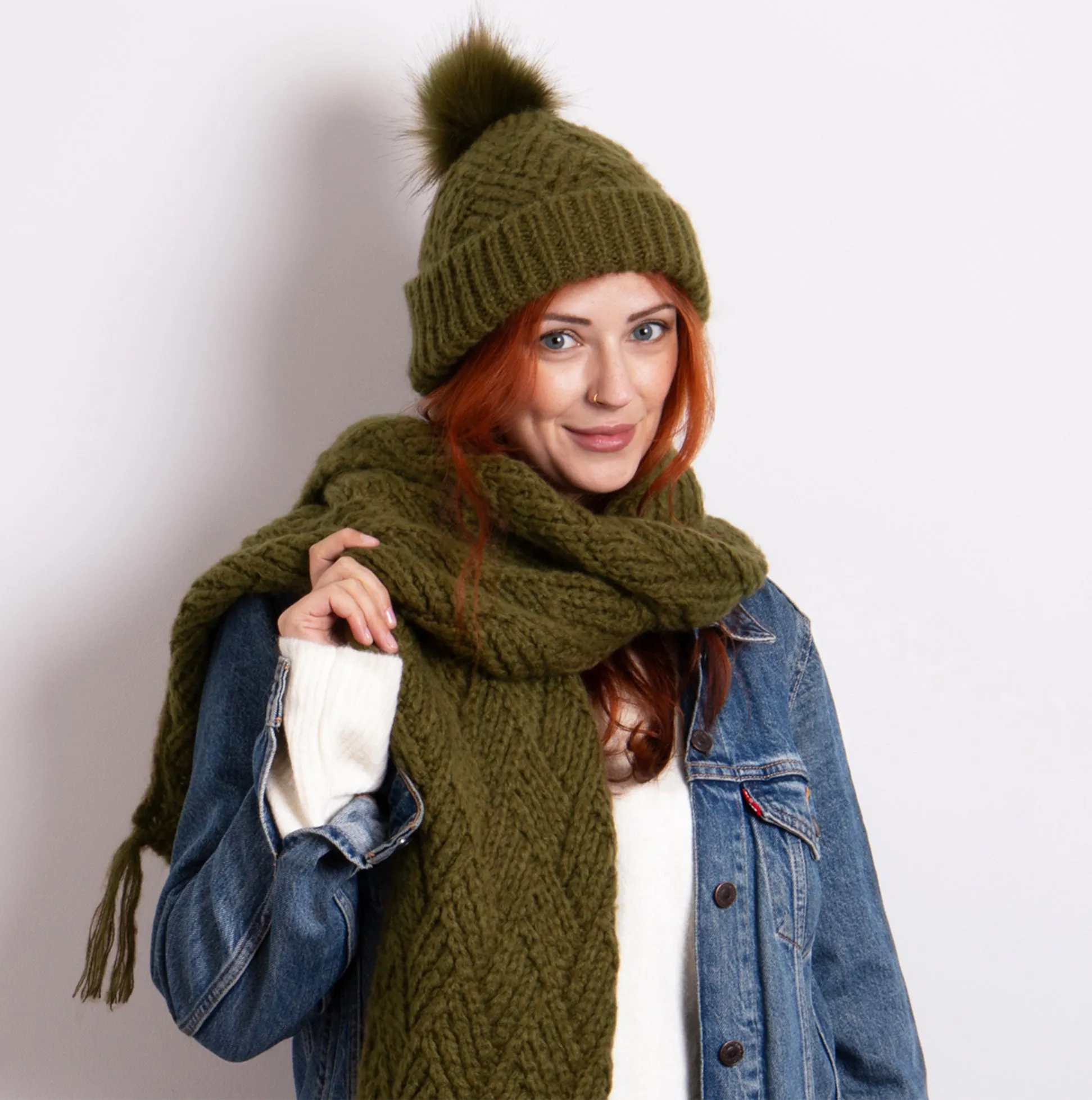 KNITTED Hat & Scarf Set Womens Khaki sold by House of Slippers product image thumbnail 5