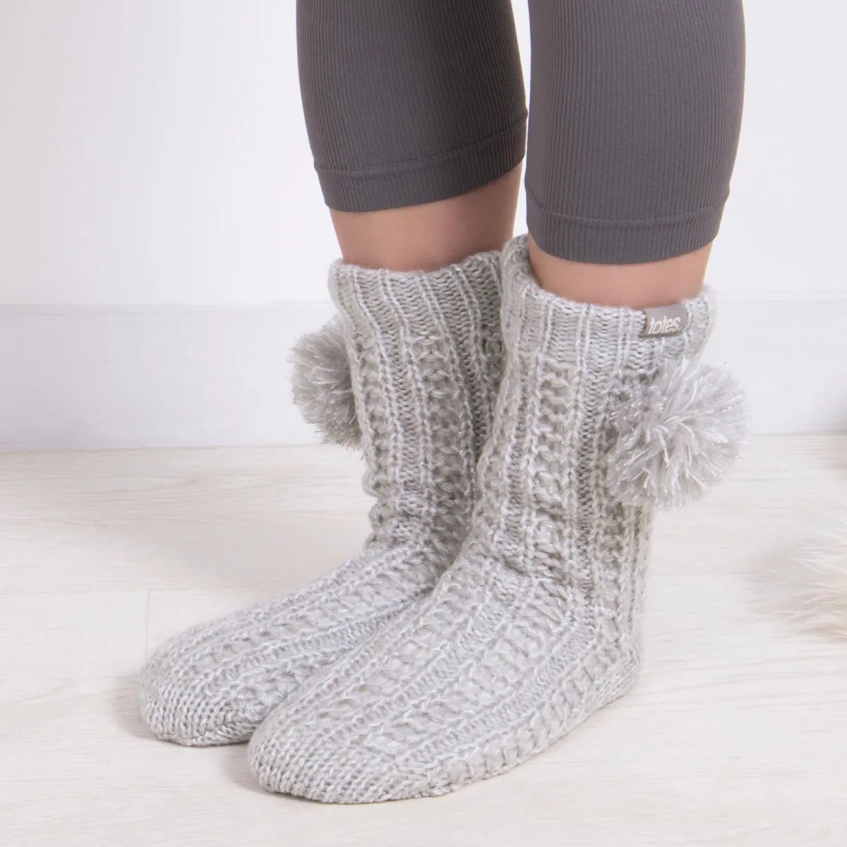 Totes Toasties LUXURY SPARKLE Pom Slipper-Sox Womens Grey sold by House of Slippers