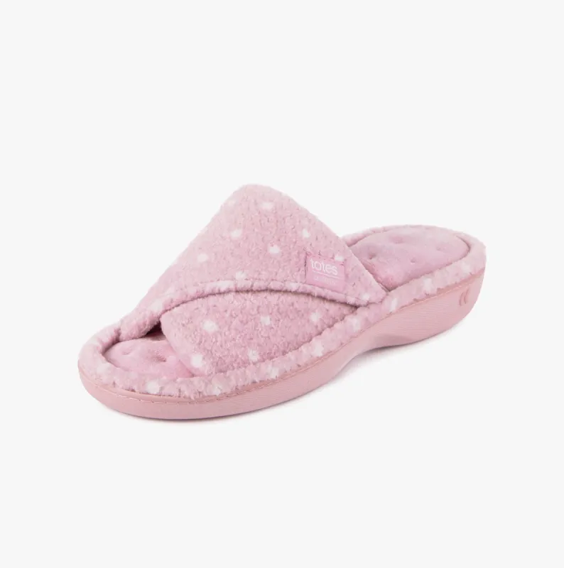 Totes Isotoner POPCORN TURNOVER OPEN TOE Womens Mule Slippers Pink Spot sold by House of Slippers