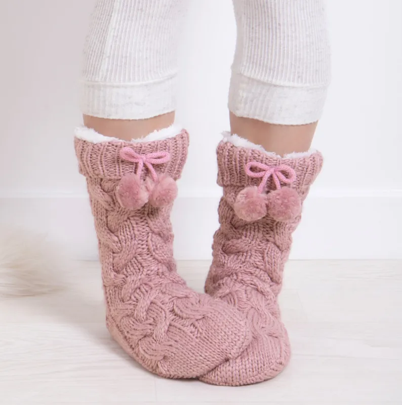 Totes Toasties LUXURY CHUNKY KNIT Pom Slipper-Sox Womens Dusky Pink sold by House of Slippers