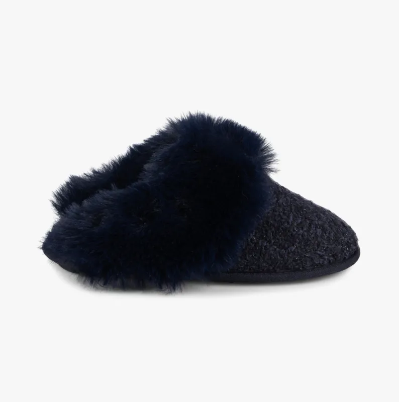 Totes Toasties TEXTURED SPARKLE FAUX FUR MULE Slippers Womens Navy sold by House of Slippers