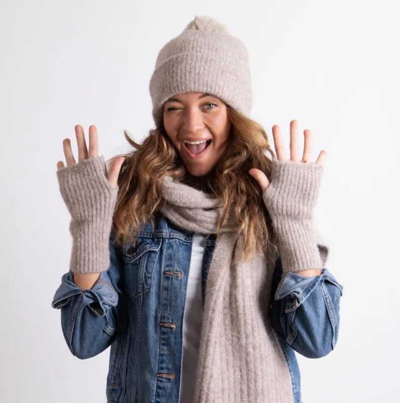 KNITTED HAT SCARF & ARM WARMER GIFT SET Womens Oat sold by House of Slippers