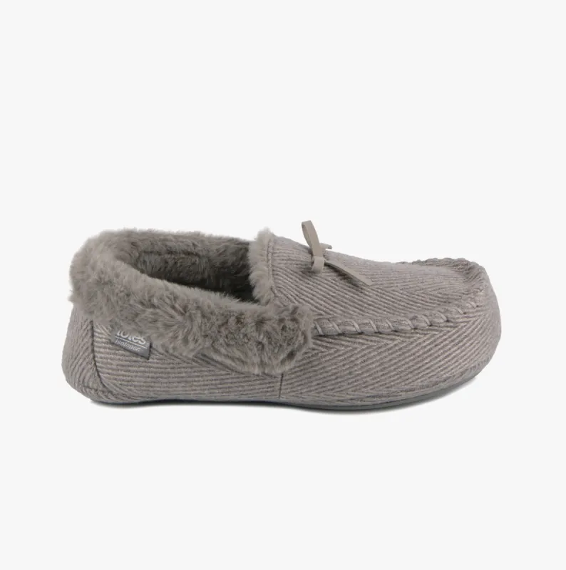 Totes Isotoner HERRINGBONE MOCCASIN WITH FUR CUFF Womens Moccasin Slippers Grey sold by House of Slippers