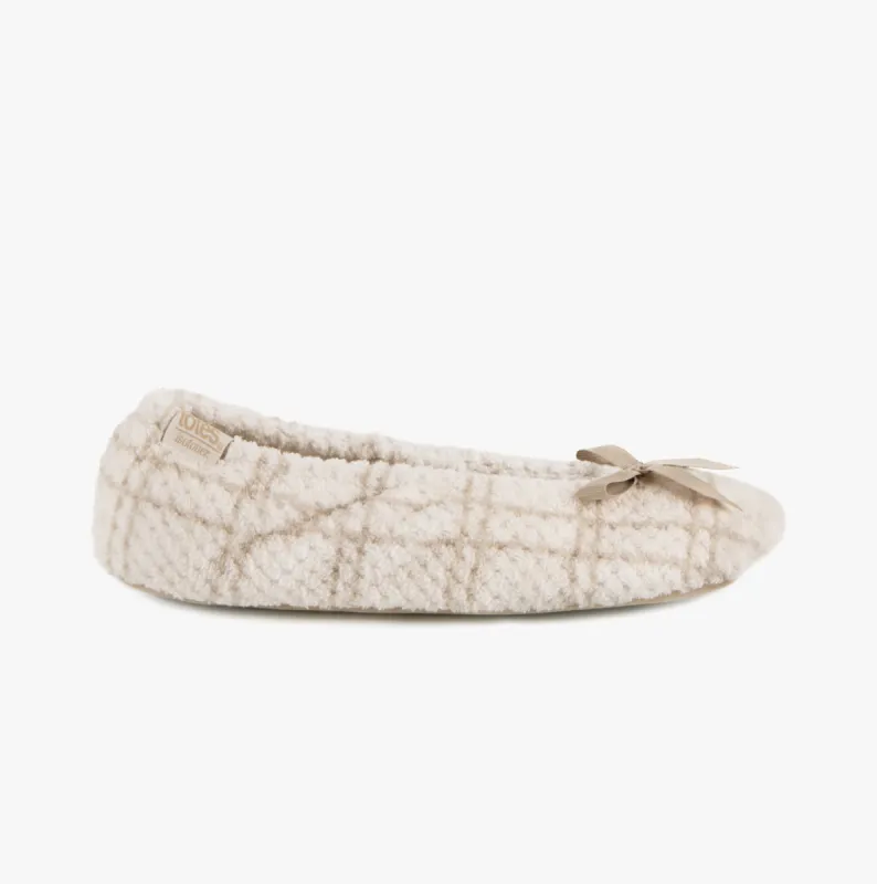 Totes Isotoner POPCORN TERRY BALLET Womens Ballet Slippers Natural Check sold by House of Slippers