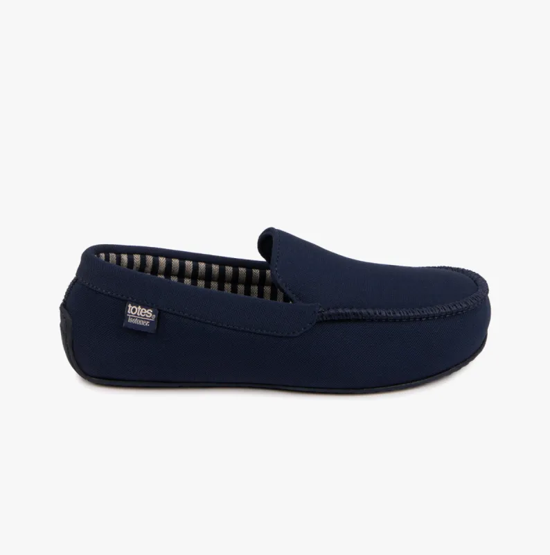 TEXTURED MOCC WITH STRIPE LINING Mens Moccasin Slippers Navy sold by House of Slippers
