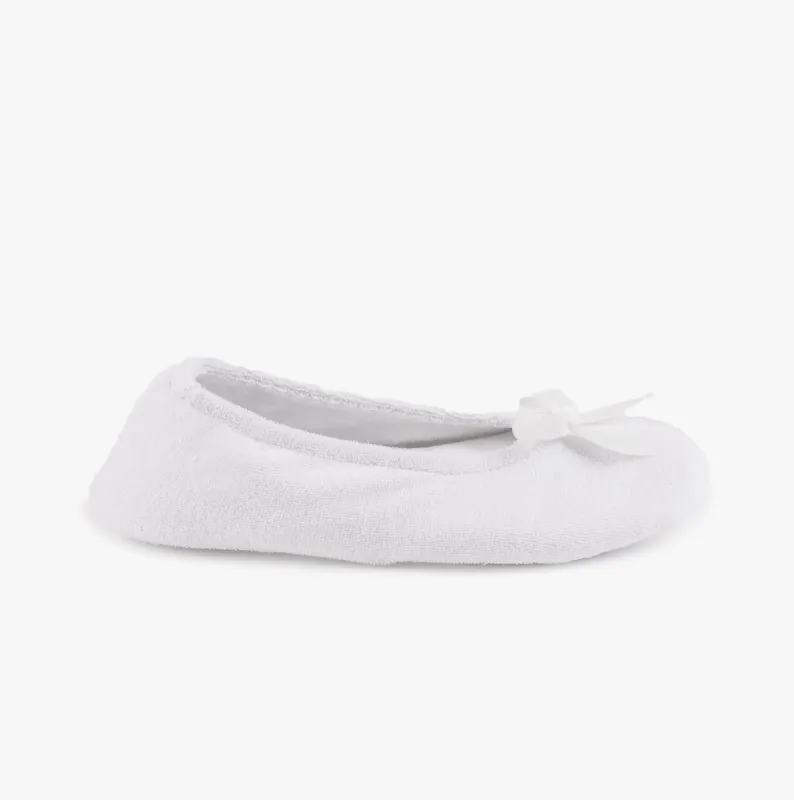 Totes Isotoner TERRY BALLET WITH BOW Womens Ballet Slippers White made by House of Slippers