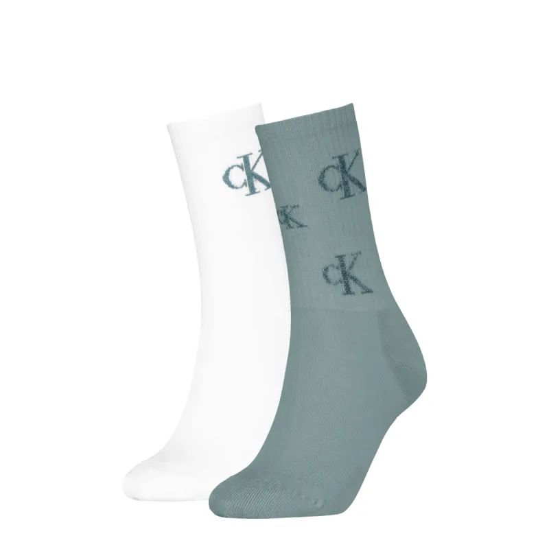 Calvin Klein 2 Pack Logo Trainer Womens Crew Socks Green/White sold by House of Slippers