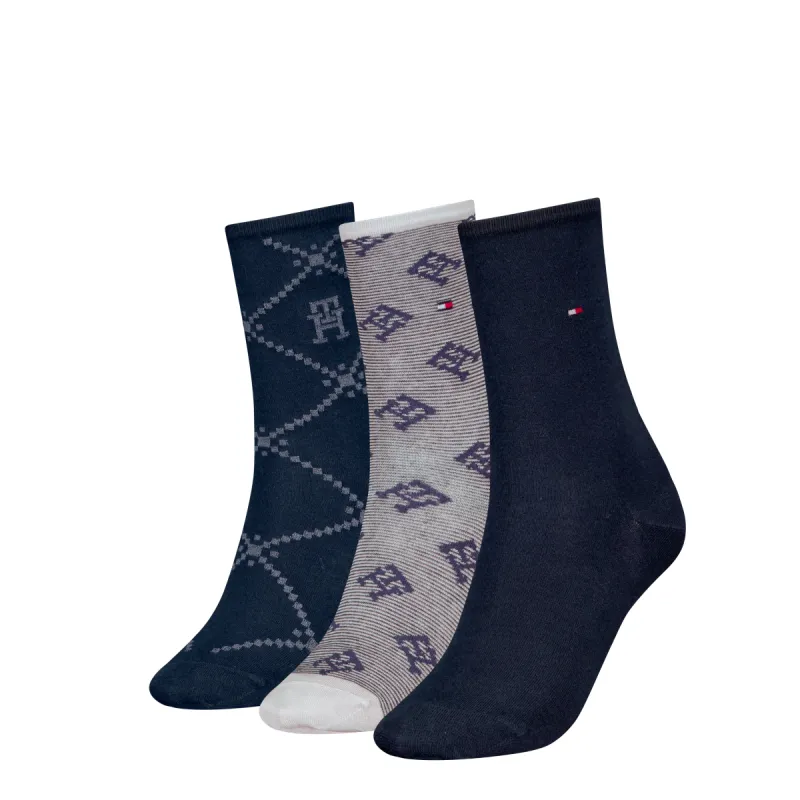 Tommy Hilfiger 3 Pack Giftboxed Monogram Womens Crew Socks Navy made by Tommy Hilfiger