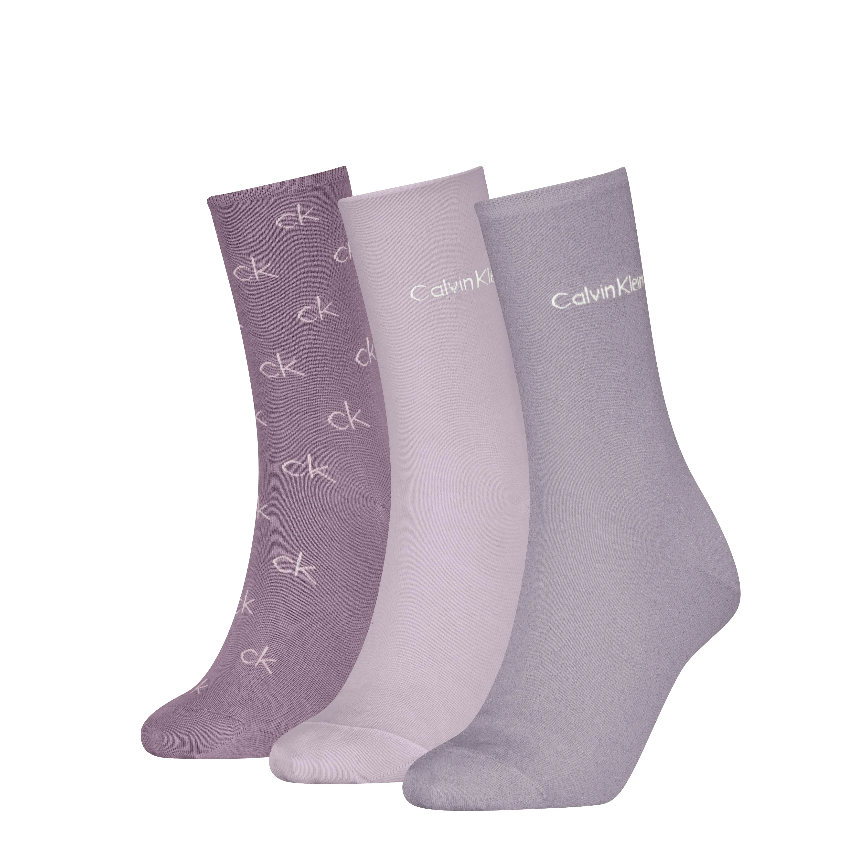 Calvin Klein 3 Pack Giftboxed Logo Womens Crew Socks Lilac Combo sold by House of Slippers