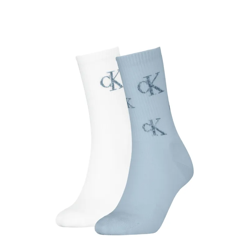 Calvin Klein 2 Pack Logo Trainer Womens Crew Socks Blue/White sold by House of Slippers