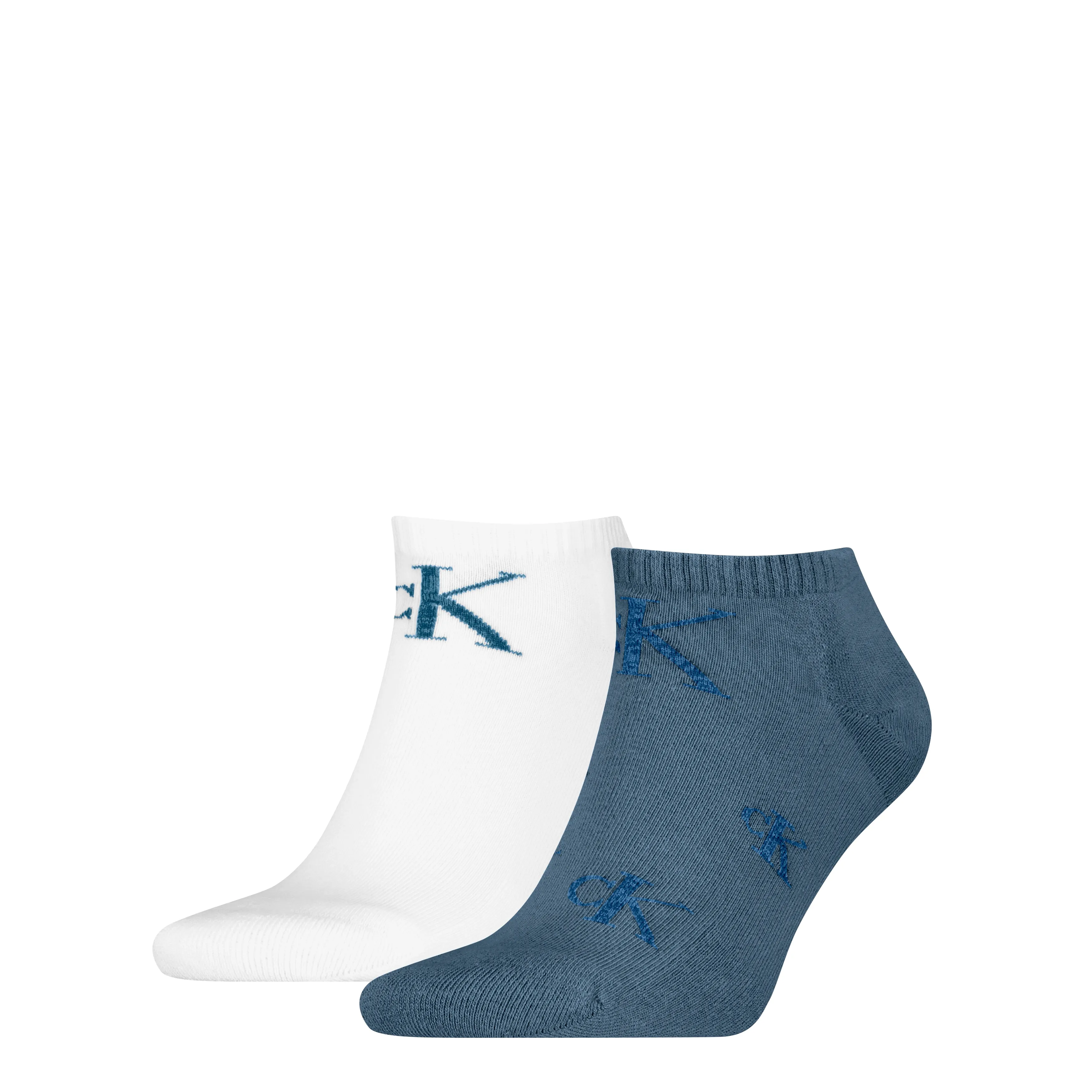 Calvin Klein 2 Pack Logo Trainer Mens Ankle Socks Blue/White sold by House of Slippers
