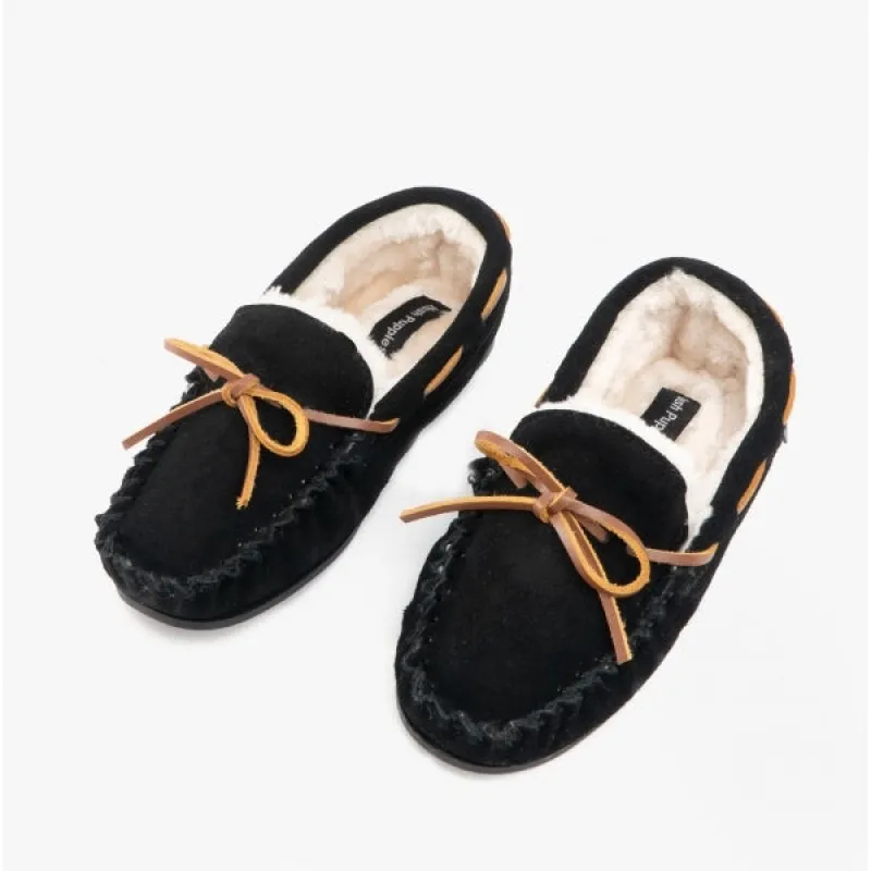 Hush Puppies ADDISON Kids Suede Moccasin Slippers Black sold by House of Slippers