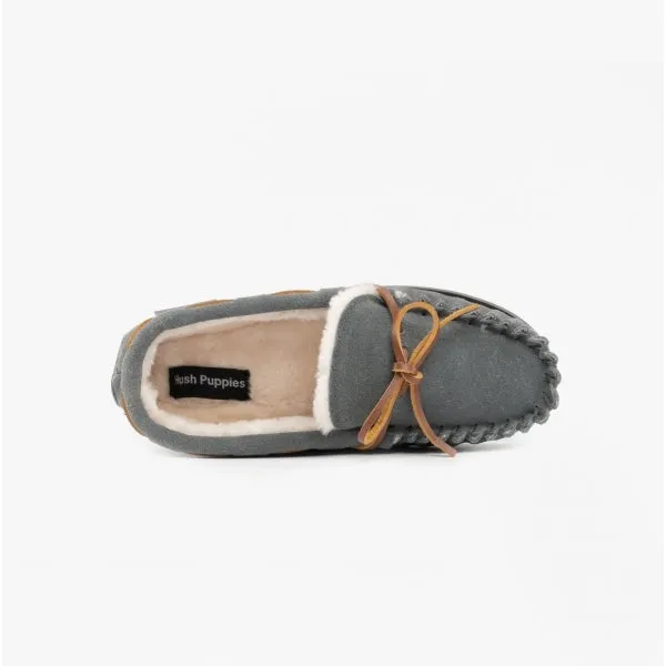 Hush Puppies ADDISON Kids Suede Moccasin Slippers Grey sold by House of Slippers product image thumbnail 4