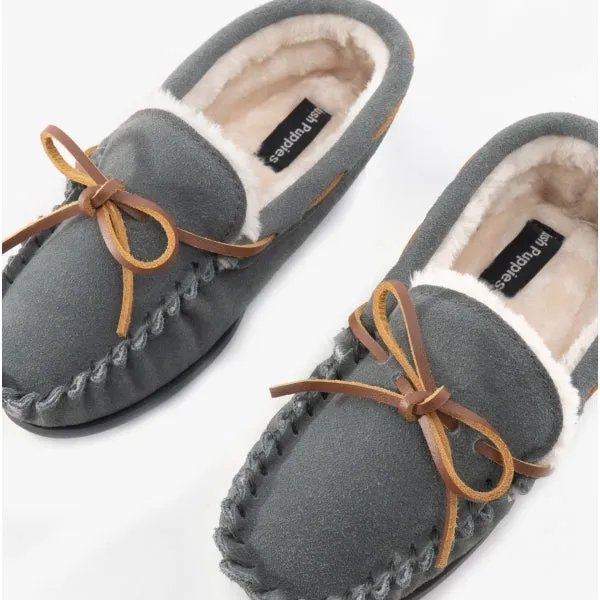 Hush Puppies ADDISON Kids Suede Moccasin Slippers Grey sold by House of Slippers
