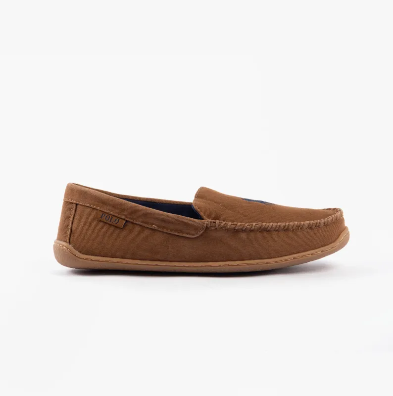 Polo Ralph Lauren BRENAN Mens Slippers Tan Washed Twill/Navy sold by House of Slippers
