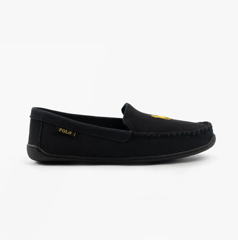 Polo Ralph Lauren BRENAN Mens Slippers Black Washed Twill/Gold sold by House of Slippers