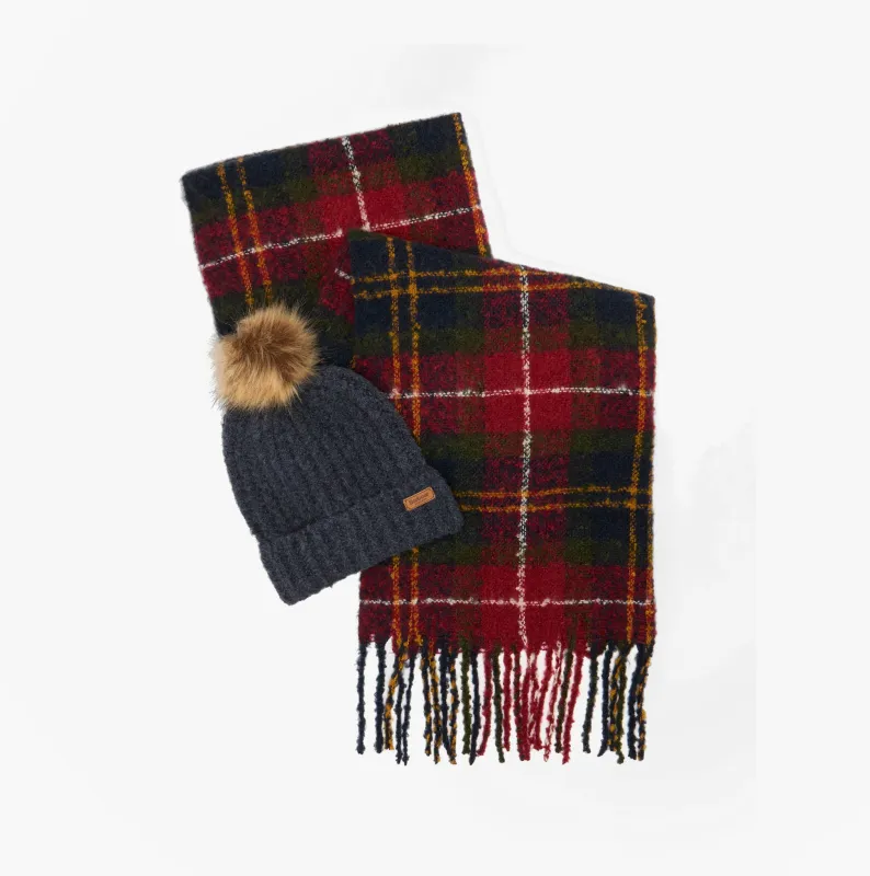 Barbour SALTBURN BEANIE & TARTAN SCARF Gift Set Womens Beanie Winterberry Tartan sold by House of Slippers